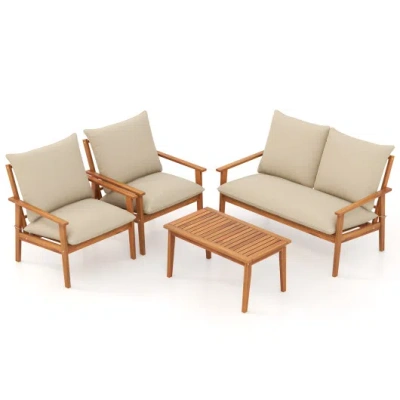 Costway 4 Pieces Outdoor Acacia Wood Conversation Set With Soft Cushions And Coffee Table-white In Brown