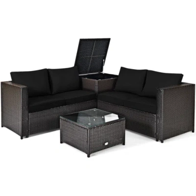 Costway 4 Pieces Outdoor Patio Rattan Furniture Set With Loveseat And Storage Box-black In Multi