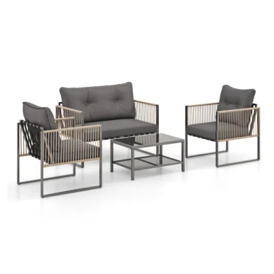 Costway 4 Pieces Outdoor Pe Rattan Conversation Sofa Set With Cushions-grey In Gray