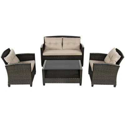 Costway 4 Pieces Outdoor Rattan Furniture Set With Glass Table In Gray