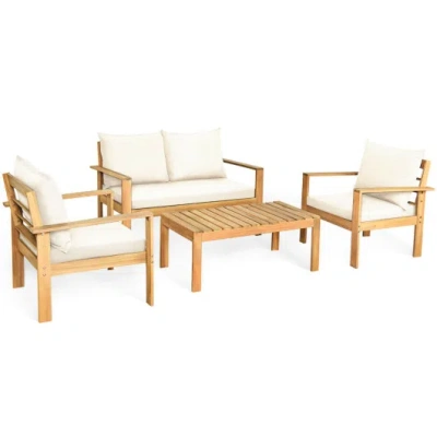 Costway 4 Pieces Patio Acacia Wood Thick Cushion Loveseat Sofa Set-white In Brown