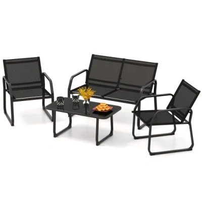 Costway 4 Pieces Patio Conversation Set With Breathable Fabric Seat And Tempered Glass Tabletop-black