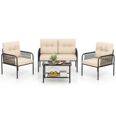 Costway 4 Pieces Patio Furniture Set Pe Rattan Sofa Chairs With Loveseat-beige In Multi