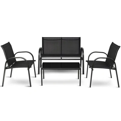 Costway 4 Pieces Patio Furniture Set With Glass Top Coffee Table-black