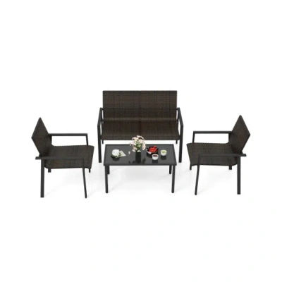 Costway 4 Pieces Patio Furniture Set With Heavy Duty Galvanized Metal Frame-brown In Black
