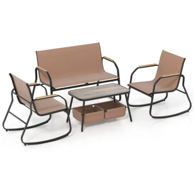 Costway 4 Pieces Patio Furniture Set With Rocking Bistro Chairs And Breathable Mesh Fabric-coffee In Multi