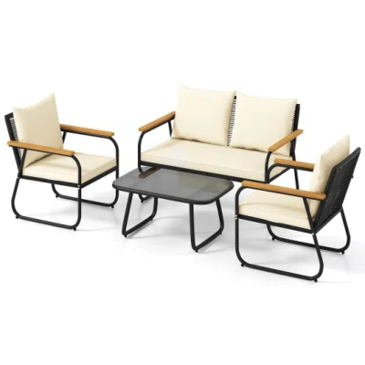 Costway 4 Pieces Patio Furniture Set With Tempered Glass Coffee Table In Black