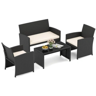 Costway 4 Pieces Patio Furniture Set With Tempered Glass Tabletop And Removable Cushion-white In Black