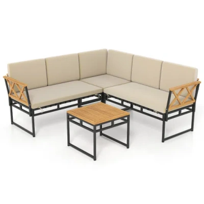 Costway 4 Pieces Patio L-shaped Sofa Set With Cushions And Side Table-brown