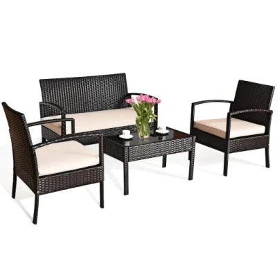 Costway 4 Pieces Patio Rattan Conversation Set With Loveseat Sofas And Coffee Table In Black