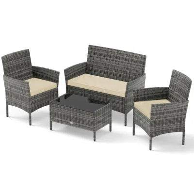 Costway 4 Pieces Patio Rattan Conversation Set With Tempered Glass Coffee Table-beige In Gray