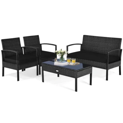 Costway 4 Pieces Patio Rattan Cushioned Furniture Set-black