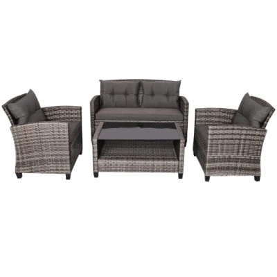 Costway 4 Pieces Patio Rattan Furniture Set Coffee Table Cushioned Sofa-gray In Brown