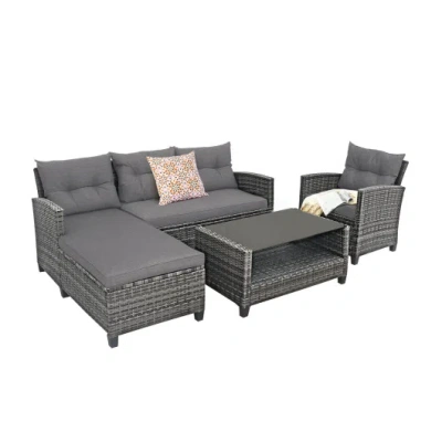 Costway 4 Pieces Patio Rattan Furniture Set With Cushion And Table Shelf-gray