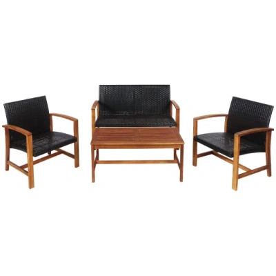 Costway 4 Pieces Pe Rattan Patio Furniture Set With Solid Acacia Wood In Black