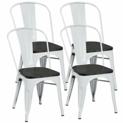 Costway 4 Pieces Tolix Style Metal Dining Side Chair Stackable Wood Seat-white