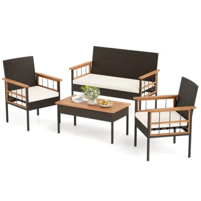 Costway 4 Pieces Wicker Furniture Set With Acacia Wood Tabletop And Armrests For Porch-white In Multi