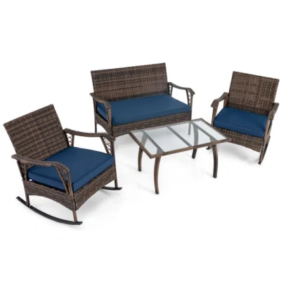 Costway 4 Pieces Wicker Rocking Set With Bungee Rope Seat For Porch Yard-navy In Multi