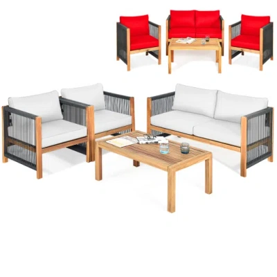 Costway 4 Pieces Wood Outdoor Patio Furniture Set With Cushions For Garden-red In Multi