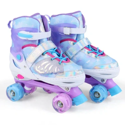 Costway 4 Sizes Adjustable Kids Roller Skates For Toddlers Ages 9-14 With 4 Light-up Wheels-blue