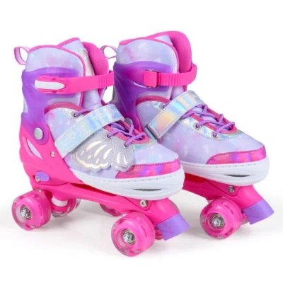 Costway 4 Sizes Adjustable Kids Roller Skates For Toddlers Ages 9-14 With 4 Light-up Wheels-pink In Multi