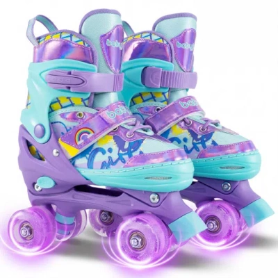 Costway 4 Sizes Adjustable Kids Roller Skates With Light-up Wheels And Safety Protection M Size-purple In Multi