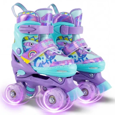 Costway 4 Sizes Adjustable Kids Roller Skates With Light-up Wheels And Safety Protection S Size-purple In Animal Print