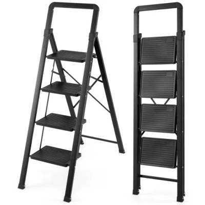 Costway 4 Step Black Folding Step Stool With Wide Anti-slip Pedals