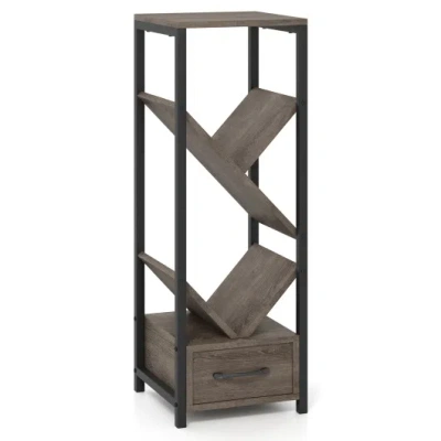 Costway 4 Tier Floor Tree Bookshelf With Drawer And Metal Frame-gray In Brown