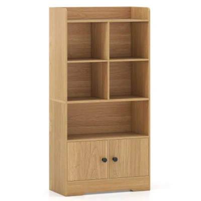 Costway 4 Tiers Bookshelf With 4 Cubes Display Shelf And 2 Doors-natural In Brown