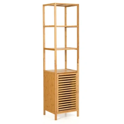Costway 4 Tiers Slim Bamboo Floor Storage Cabinet With Shutter Door And Anti-toppling Device-natural In Brown