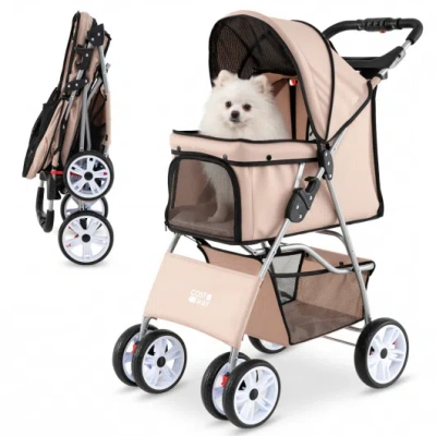 Costway 4 Wheel Pet Stroller For Small Dogs Cats Up To 33 Lbs-beige In Neutral