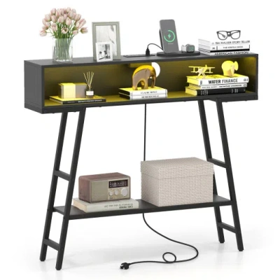 Costway 40" Console Table With Charging Station And Led Lights-black In Multi
