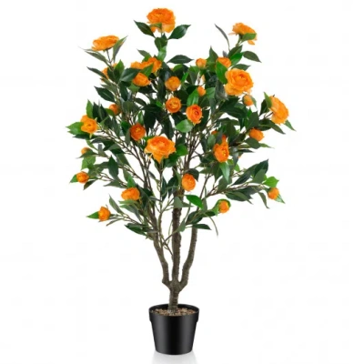 Costway 40 Inch Artificial Camellia Tree With 37 Flowers And River Stones In Pot-1 Pack In Black