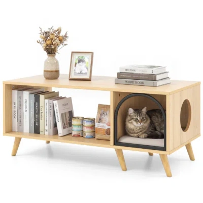 Costway 40 Inch Coffee Table Cat House 2-in-1 Wooden Kitten Furniture With Open Storage Shelf-natural In Brown