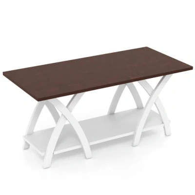 Costway 40 Inch Farmhouse Wooden 2-tier Coffee Table With Storage Shelf For Living Room-walnut In Burgundy