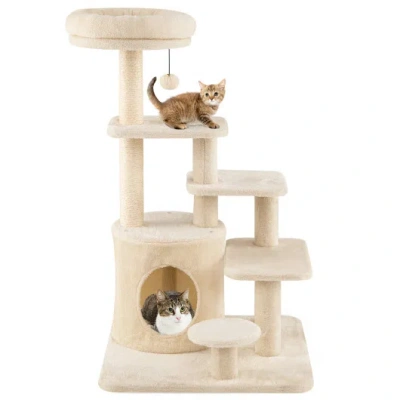 Costway 40 Inch Multi-level Cat Tower With Condo And Dangling Jingle Ball-beige In Neutral