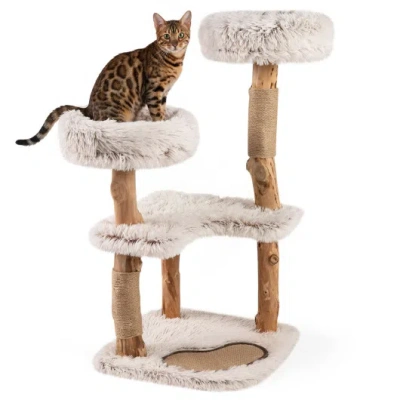Costway 40" Modern Cat Tree Tower With Luxury Real Wood Natural Branch And 2 Padded Perches For Pets-white