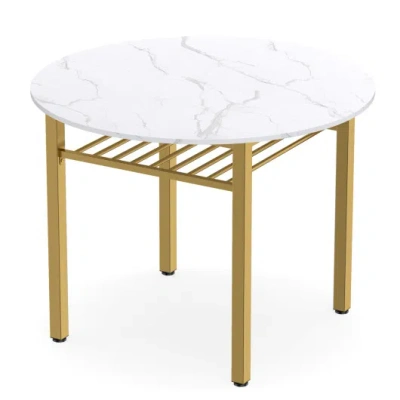 Costway 40" Round Kitchen Table With Storage Shelf And Metal Frame For 4 People-white