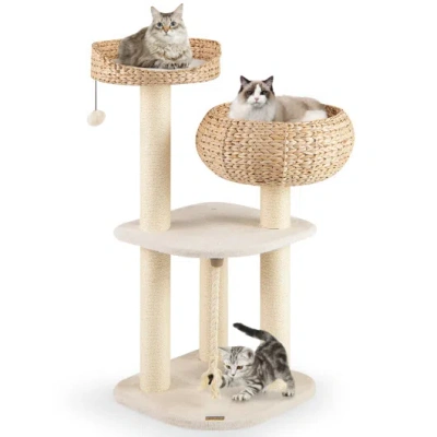 Costway 41 Inch Rattan Cat Tree With Napping Perch-white In Multi