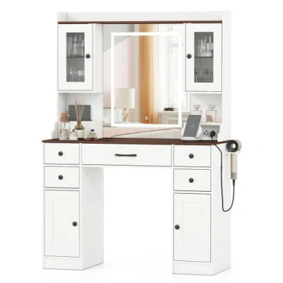 Costway 41.5 Inch Makeup Dressing Table With Power Outlets And 3 Color Lighting Modes-white+ In Animal Print