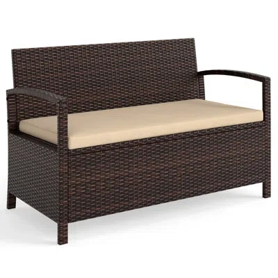 Costway 42 Gallon Deck Box With Seating For Garden Tools And Pool Supplies For Front Porch In Brown;beige