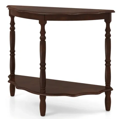 Costway 42 Inch Half Moon Console Table With Shelf And Rubber Wood Legs-espresso In Brown