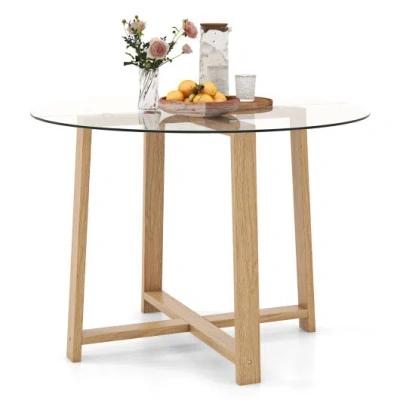 Costway 42 Inches Round Glass Dining Table With Tempered Glass Tabletop And Rubber Wood Legs-natural In Brown
