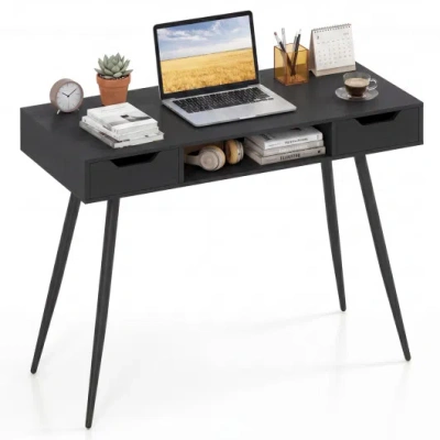 Costway 42.5" Mid Century Modern Writing Desk With Metal Leg And Drawers-black