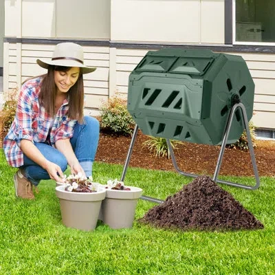 Costway 42-gal Compost Bin Dual Chamber Composting Tumbler With 2 Sliding Doors Metal Frame In Green