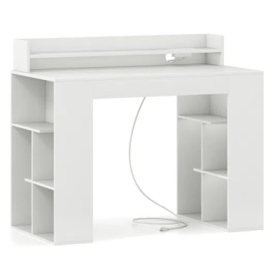 Costway 43 Inch Computer Desk With Power Outlets And 2 Bookcases-white In Multi