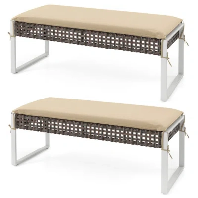 Costway 43 Inch Patio Rectangle Ottoman Pack Of 2 With Metal Legs And Seat Cushion-beige In Brown