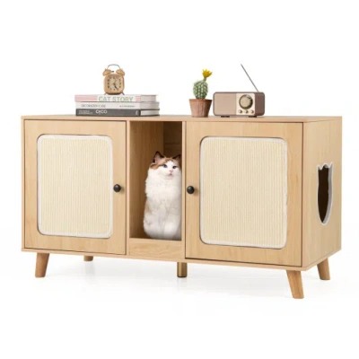 Costway 43 Inches Cat Litter Box Enclosure With Double Rooms And 2 Sisal Scratching Mats-natural In Brown