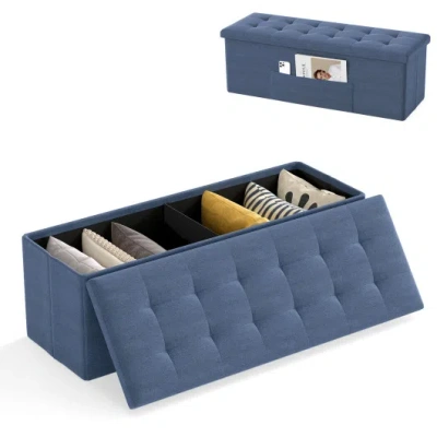 Costway 43 Inches Folding Storage Ottoman Bench Linen End Of Bed Bench With Padded Seat-navy In Blue